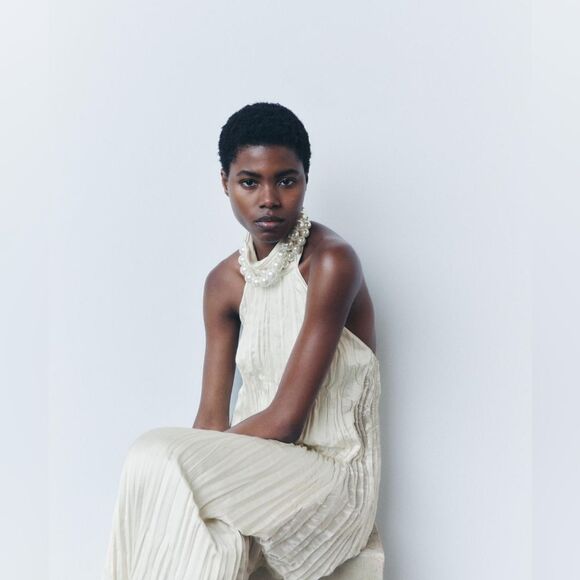 NWT ZARA LONG PLEATED DRESS Light Beige Satim - Picture 12 of 16